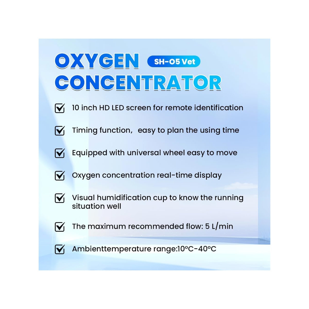 Oxygen Concentrator – 93% ±3% Oxygen Purity, 0.5-5L Adjustable Flow, 10" HD LED Screen, Home Use for Dogs, Cats & Small Animals